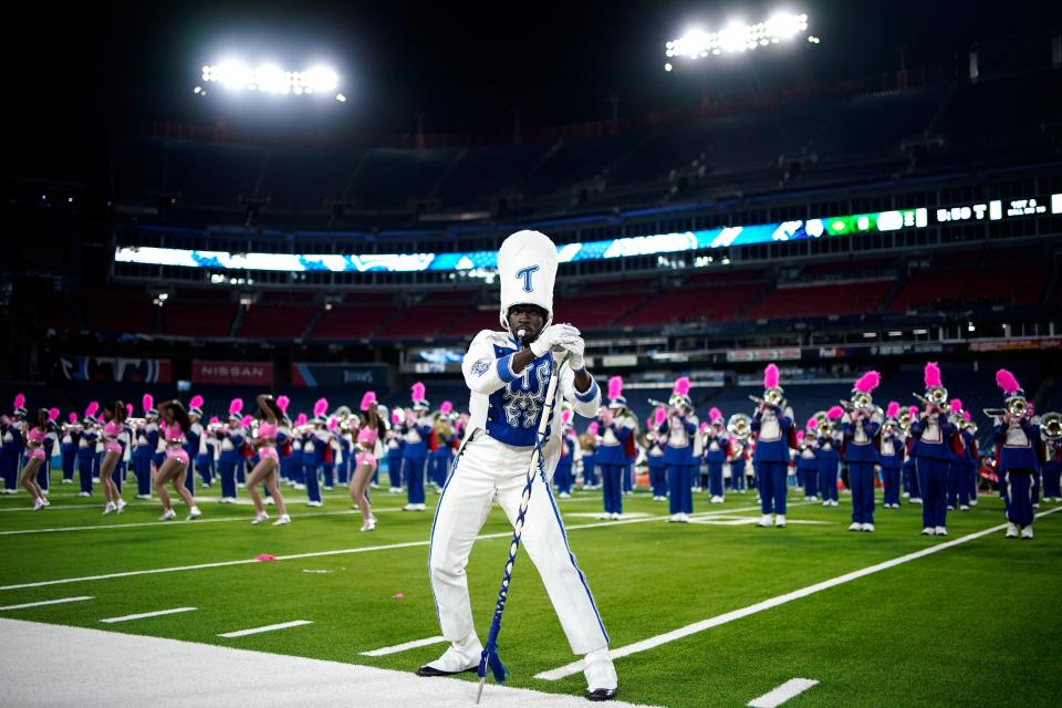 Tennessee State's marching band performs during halftime of a homecoming game between against Norfolk State at Nissan Stadium in Nashville, Tenn., Saturday, Oct. 14, 2023.