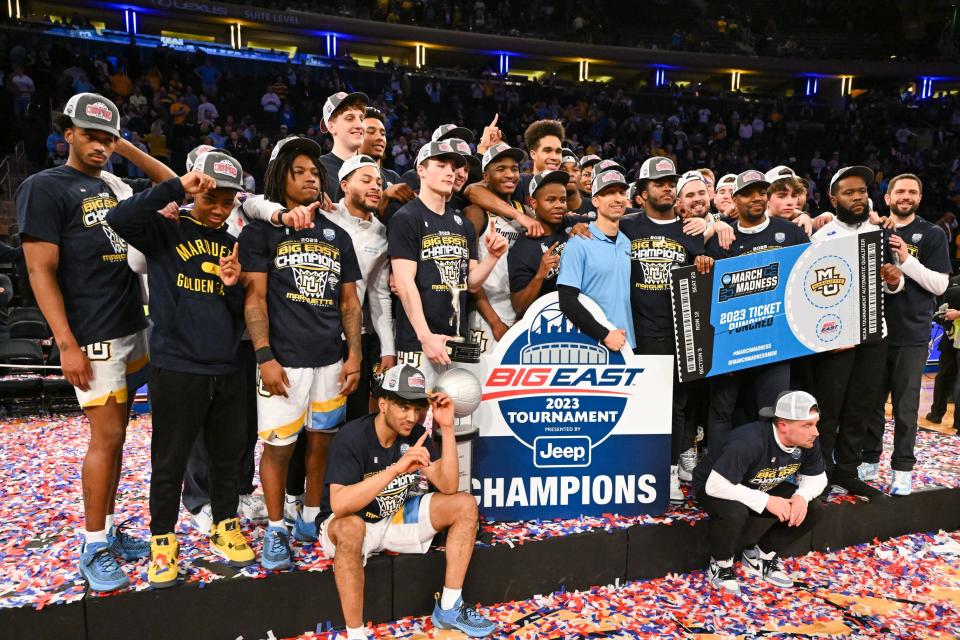 Marquette celebrates winning the Big East Tournament at Madison Square Garden in 2023.