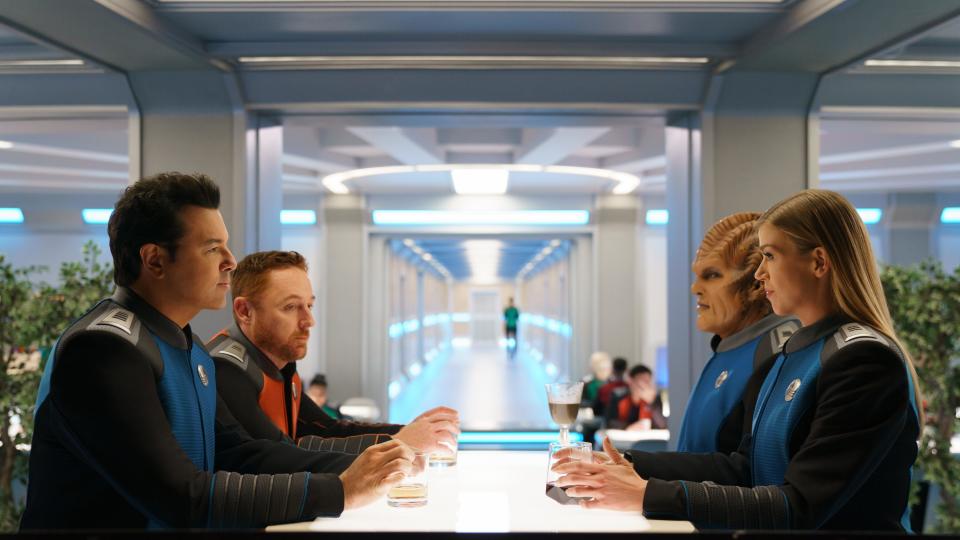 Seth MacFaralane, Scott Grimes, Peter Macon and Adrianne Palicki in Season 3 of The Orville. (Photo by: Michael Desmond/Hulu)