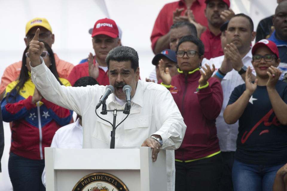 Venezuela's President Nicolas Maduro speaks to supporters during a government rally in Caracas, Venezuela, Saturday, March 9, 2019. Demonstrators danced and waved flags on what organizers labeled a “day of anti-imperialism” in a show of defiance toward the United States, which has imposed oil sanctions on Venezuela in an attempt to oust the president. (AP Photo/Ariana Cubillos)