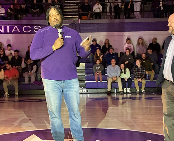 Trevecca basketball great David Suddeth chokes back tears after being told by Tennessee Sports Hall of Fame executive director Brad Willis that he is part of the 2022 class.