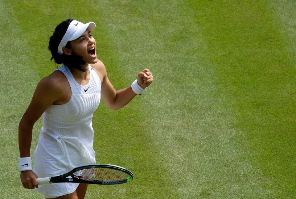 Britain's Emma Raducanu reacts during her third round match against Romania's Sorana Cirstea