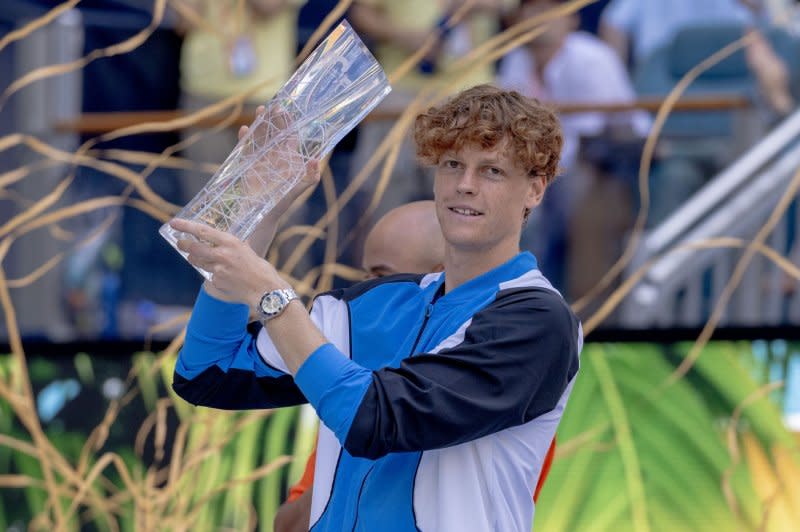 Jinnik Sinner from Italy celebrates after defeating Grigor Dimitrov from Bulgaria in the Miami Open men's final Sunday at Hard Rock Stadium in Miami Gardens, Fla. File Photo by Gary I Rothstein/UPI
