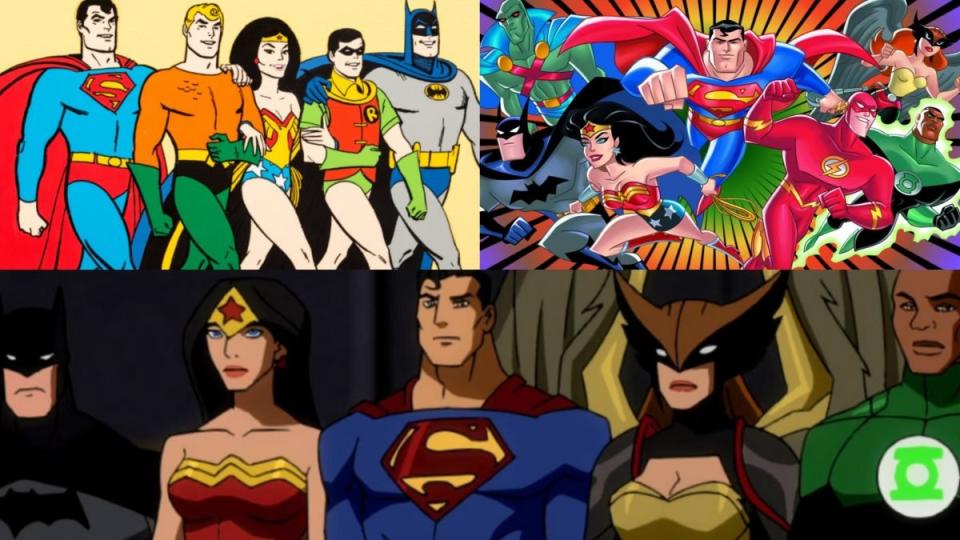 Various TV Justice Leagues, including The Super Friends (1973), the Justice League (2001) and the League from Young Justice (2013)