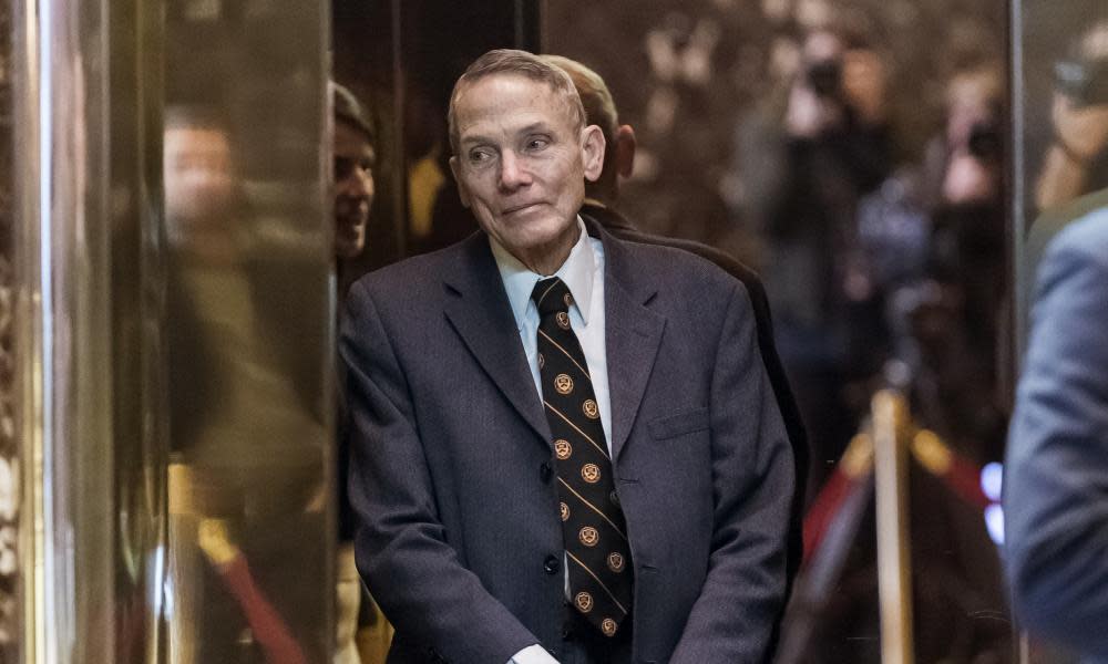 Physicist William Happer stands inside the elevator in the lobby of Trump Tower in New York, U.S., on Friday, Jan. 13, 2017. Happer, who is under consideration to be Trump’s science advisor, signed a letter asking him to withdraw from the UN Convention on Climate Change.