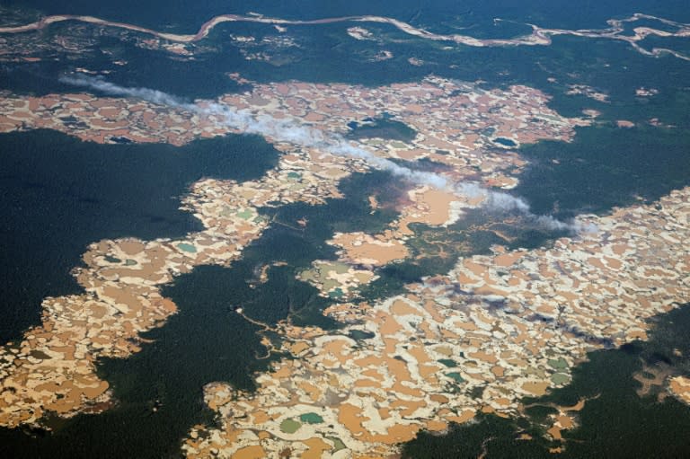 Imagen aérea de dragas en una zona de extracción ilegal de oro en el departamento de Madre de Dios, en la región amazónica en el sureste de Perú, el 2 de junio de 2024 (ERNESTO BENAVIDES)