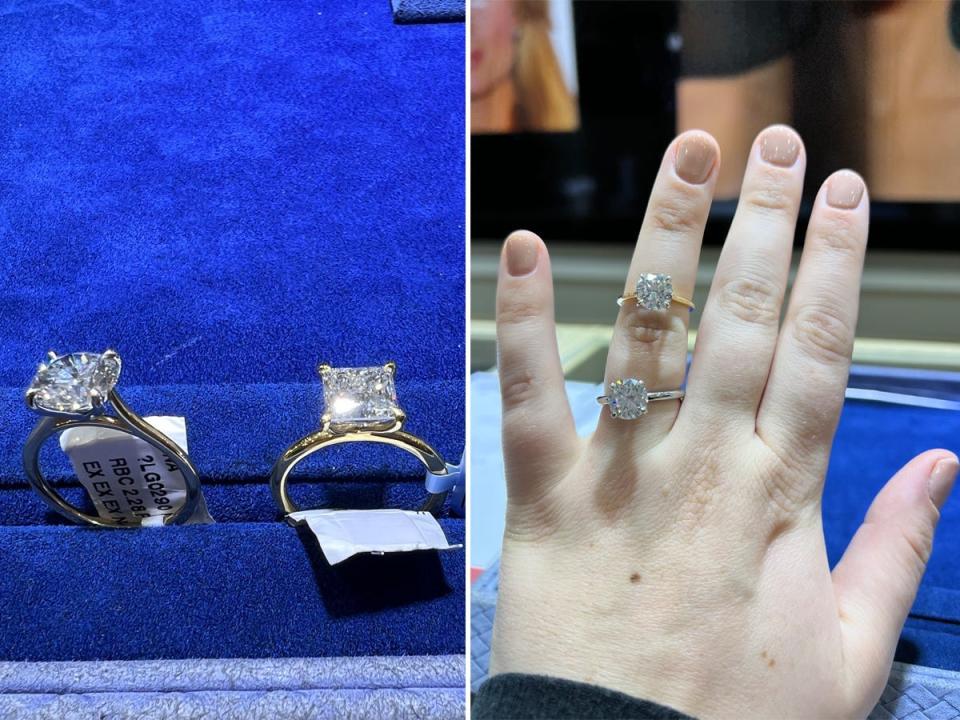 A side-by-side of engagement rings and two rings on a hand.