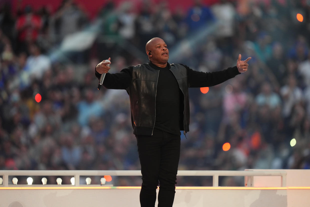 INGLEWOOD, CALIFORNIA - FEBRUARY 13: Dr. Dre performs in the Pepsi Halftime Show during the NFL Super Bowl LVI football game between the Cincinnati Bengals and the Los Angeles Rams at SoFi Stadium on February 13, 2022 in Inglewood, California. (Photo by Cooper Neill/Getty Images)