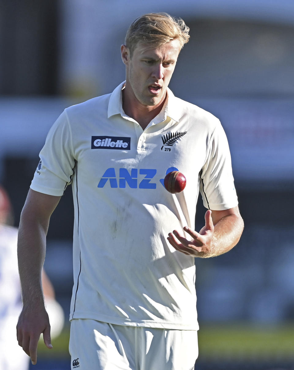 New Zealand's Kyle Jamieson prepares to bowl to the West Indies during play on the second day of their second cricket test at Basin Reserve in Wellington, New Zealand, Saturday, Dec. 12, 2020. (Andrew Cornaga/Photosport via AP)