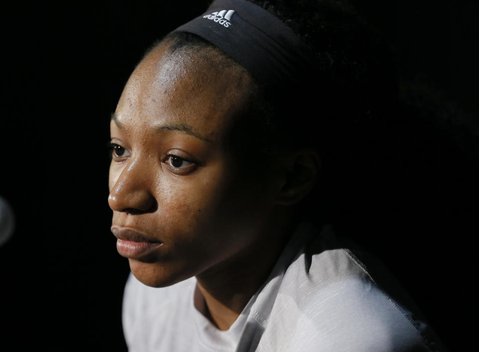 Mississippi State guard Morgan William takes part in a news conference at the women's Final Four college basketball tournament, Saturday, April 1, 2017, in Dallas. Mississippi State will play South Carolina on Sunday in the championship game. (AP Photo/Tony Gutierrez)