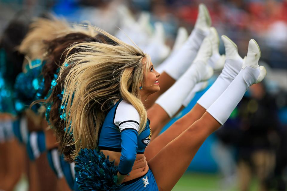 A member of The ROAR of the Jaguars cheerleading squad performs during the second quarter of an NFL football game Sunday, Nov. 12, 2023 at EverBank Stadium in Jacksonville, Fla. The <a class="link " href="https://sports.yahoo.com/nfl/teams/san-francisco/" data-i13n="sec:content-canvas;subsec:anchor_text;elm:context_link" data-ylk="slk:San Francisco 49ers;sec:content-canvas;subsec:anchor_text;elm:context_link;itc:0">San Francisco 49ers</a> defeated the Jacksonville Jaguars 34-3. [Corey Perrine/Florida Times-Union]