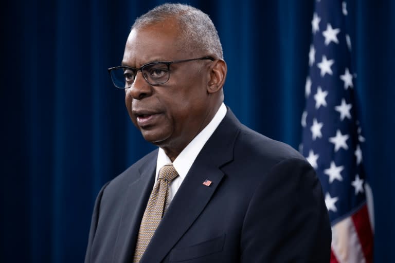 US Defense Secretary Lloyd Austin speaks during a press conference on April 26, 2024 following the conclusion of a virtual meeting of dozens of Ukraine's international supporters (SAUL LOEB)