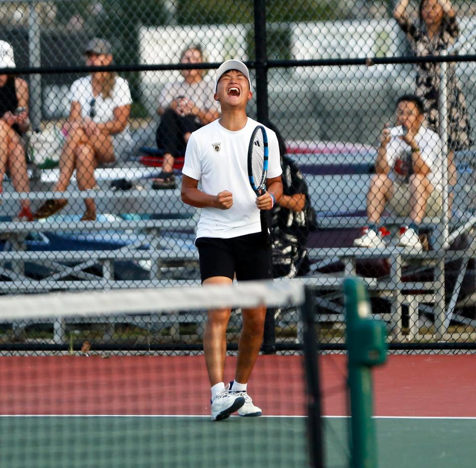 Penn junior Chris Chen reacts after winning his match at No. 1 singles against South Bend Saint Joseph Tuesday, Sept. 5, 2023, at Penn High School in Mishawaka.