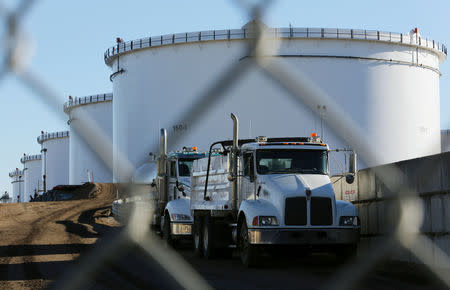 FILE PHOTO -- Dump trucks are parked near crude oil tanks at Kinder Morgan's North 40 terminal expansion construction project in Sherwood Park, near Edmonton, Alberta, Canada November 13, 2016. REUTERS/Chris Helgren/File Photo