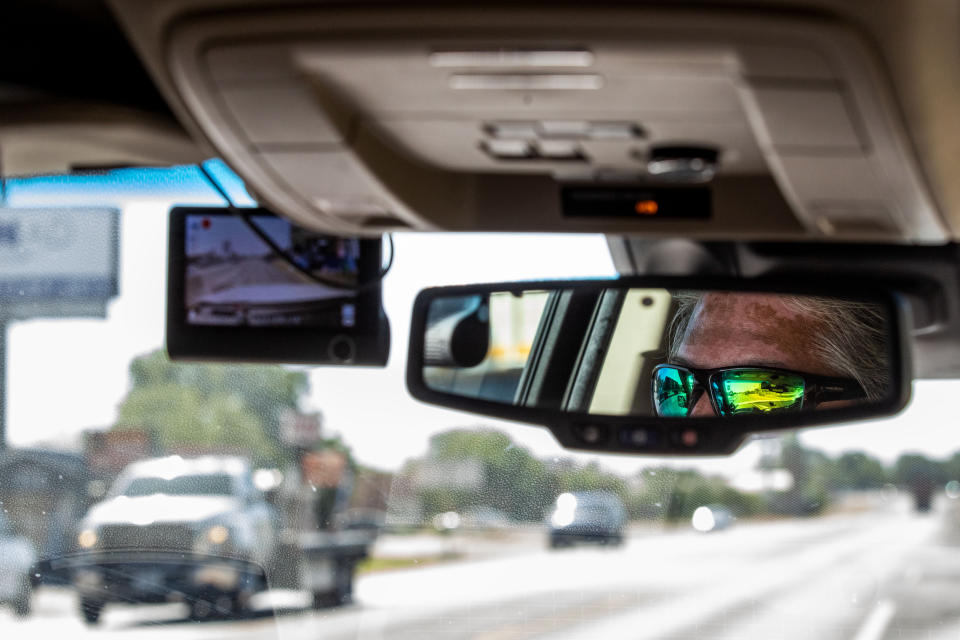 Moises Lozano installed several surveillance devices including dash cameras, busy cameras and a GoPro in his vehicle in Brackettville, Texas, on Aug. 10, 2022. (Kaylee Greenlee Beal for NBC News)