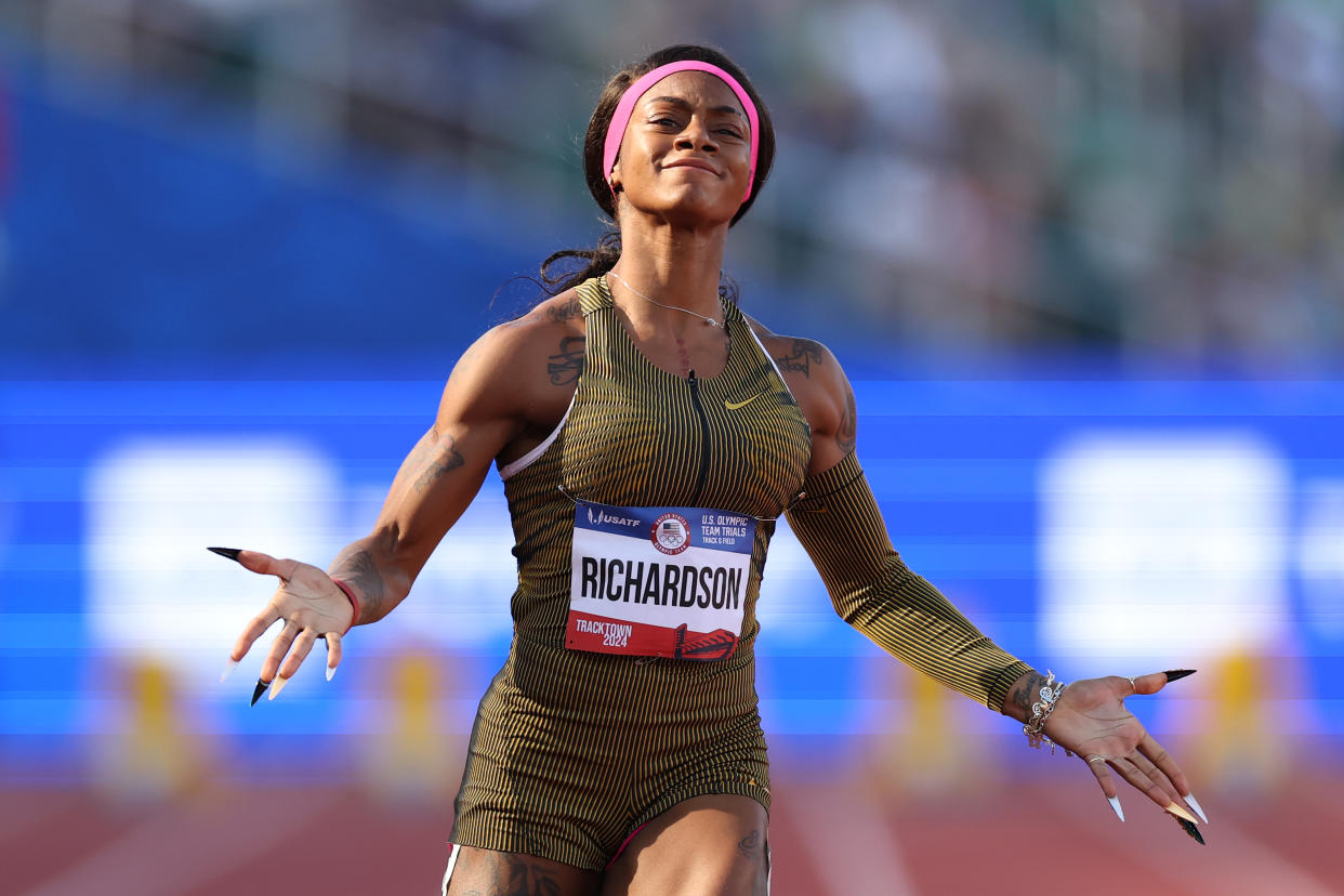 EUGENE, OREGON - JUNE 22: Sha'Carri Richardson crosses the finish line of the women's 100 meter semi-final on Day Two of the 2024 U.S. Olympic Team Track & Field Trials at Hayward Field on June 22, 2024 in Eugene, Oregon. (Photo by Patrick Smith/Getty Images)