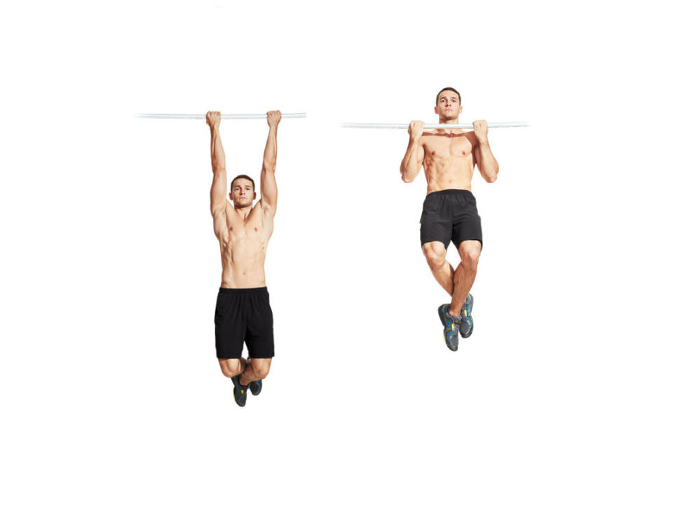 How to do it:<ol><li>Hang from a chin-up bar with hands shoulder-width apart using a supinated grip (so, palms facing you). </li><li>From the bottom of the movement, pull yourself up until your chin is over the bar.</li><li>Lower your chin below the bar to complete one rep.</li></ol>Pro tip:<p>Avoid lowering yourself at the bottom of the rep so that your arms are fully extended. Keep your elbows slightly bent throughout.</p>Variation:<p>For prolonged muscle engagement, you can go to the top of the move and hold for at least 3-5 seconds before lowering your chin below the bar again.</p>