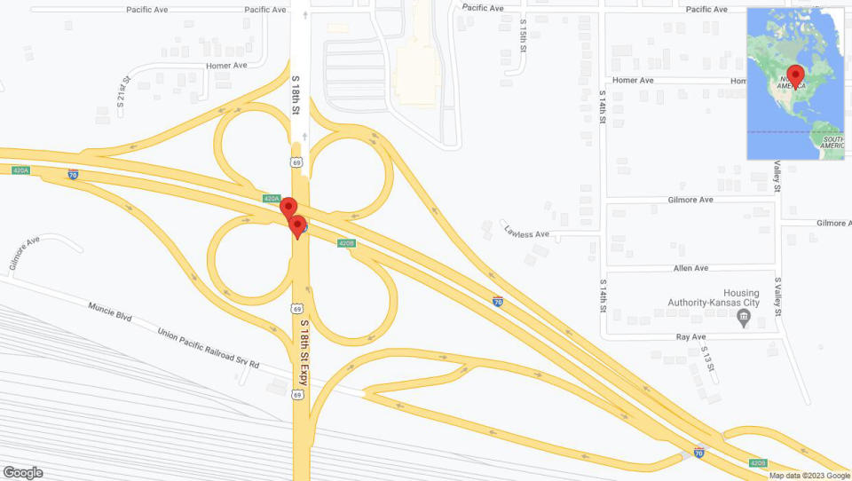 A detailed map that shows the affected road due to 'Broken down vehicle on the South 18th Street Expressway in Kansas City' on December 17th at 12:13 p.m.