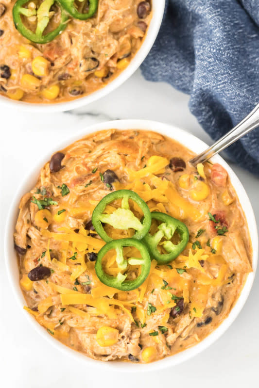 <p>Kara Creates</p><p>Only one thing can make slow cooker chicken chili better...ranch!</p><p><strong>Get the recipe: <a href="https://karacreates.com/slow-cooker-ranch-chicken-chili/" rel="nofollow noopener" target="_blank" data-ylk="slk:Slow Cooker Ranch Chicken Chili;elm:context_link;itc:0;sec:content-canvas" class="link rapid-noclick-resp">Slow Cooker Ranch Chicken Chili</a></strong></p>