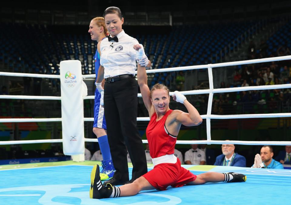 <p>Tetyana Kob of Ukraine celebrates victory over Stanimira Petrova of Bulgaria in the Women’s Flyweight (48-51kg) Preliminaries on Day 6 of the 2016 Rio Olympics at Riocentro – Pavilion 6 on August 12, 2016 in Rio de Janeiro, Brazil. (Photo by Alex Livesey/Getty Images) </p>