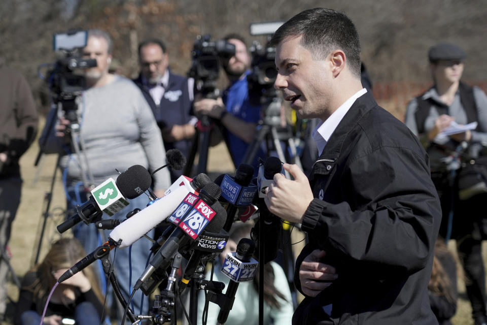 Transportation Secretary Pete Buttigieg speaks during a news conference Thursday, Feb. 23, 2023, near the site of the Feb. 3 Norfolk Southern train derailment in East Palestine, Ohio. (AP Photo/Matt Freed)