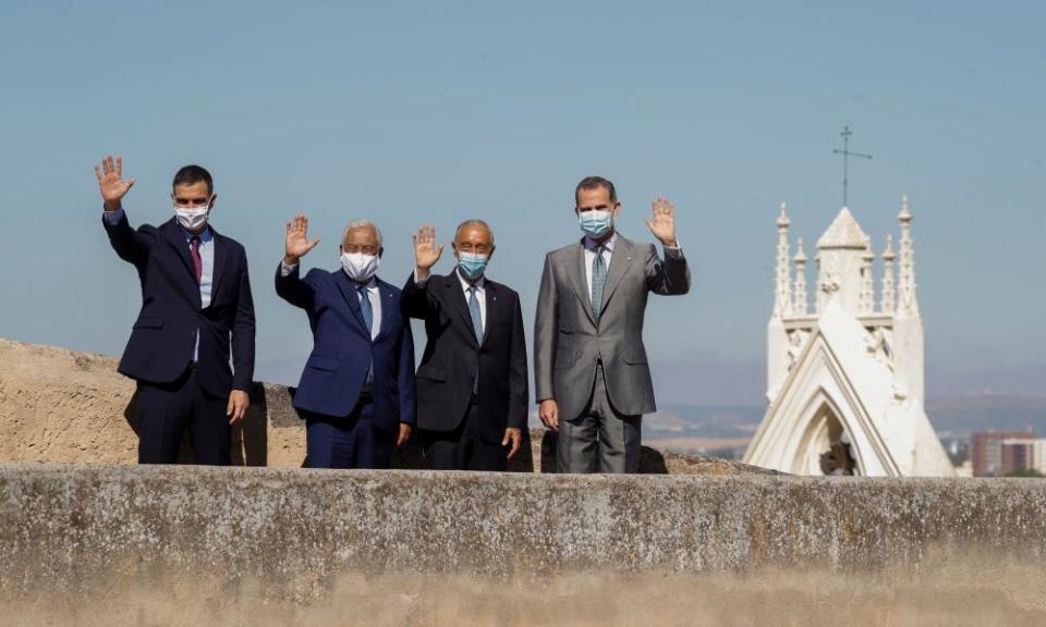 Left to right: the Spanish prime minister, Pedro Sanchez, his Portuguese counterpart, António Costa, the president of Portugal, Marcelo Rebelo de Sousa, and Spain’s King Felipe in Badajoz.