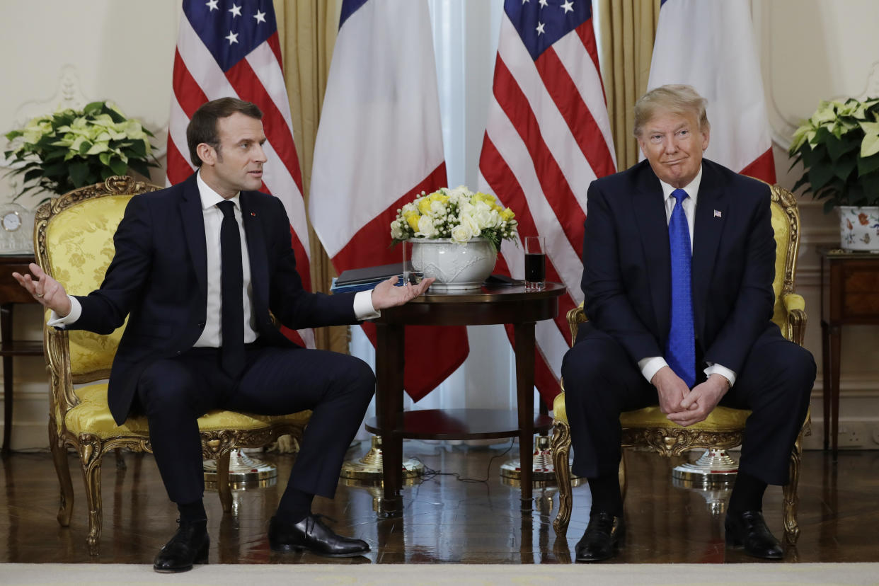 President Donald Trump meets French President Emmanuel Macron at Winfield House, Tuesday, Dec. 3, 2019, in London. (AP Photo/ Evan Vucci)