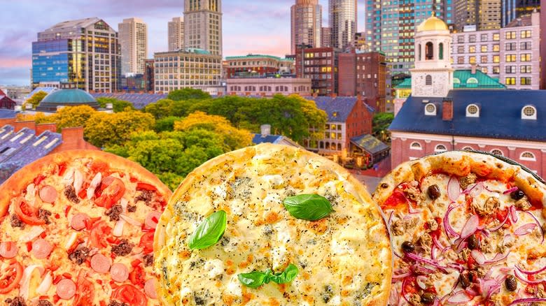 Pizzas with Boston skyline