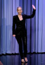 <p>Jennifer made an unforgettable appearance on ‘The Tonight Show with Jimmy Fallon’ wearing a sequinned black suit by Sally LaPointe paired with strappy black heels.<br><i>[Photo: Getty]</i> </p>
