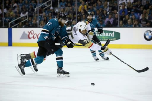 Ryan Reaves of the Vegas Golden Knights is sent flying by a hit from Joakim Ryan of the San Jose Sharks as Vegas advanced to the Western Confernce final with a 3-0 win