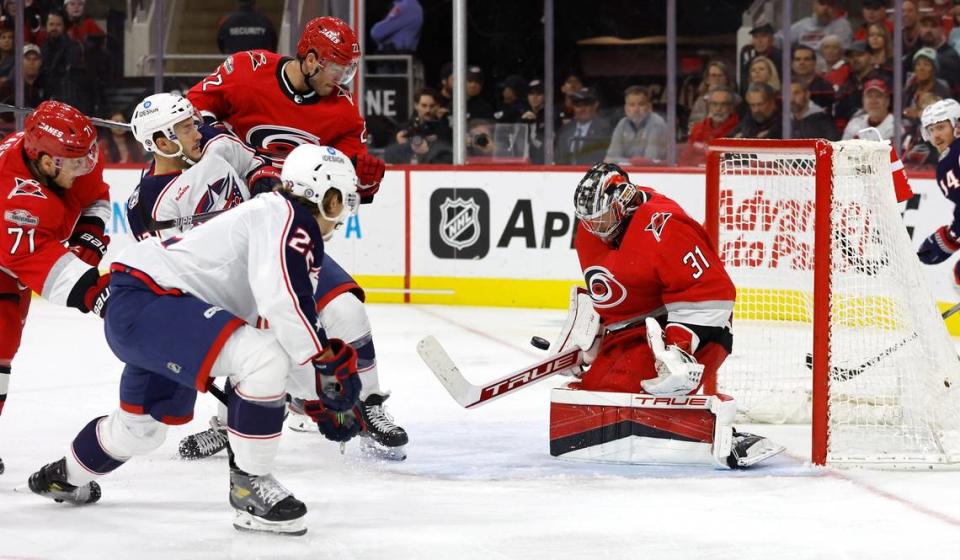 Carolina goaltender Frederik Andersen (31) makes the save during the first period of the Carolina Hurricanes’ game against the Columbus Blue Jackets at PNC Arena in Raleigh, N.C., Wednesday, Oct. 12, 2022.