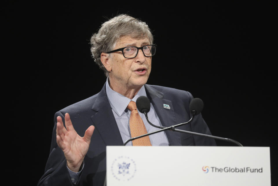 Philanthropist and Co-Chairman of the Bill & Melinda Gates Foundation Bill Gates gestures as he speaks to the audience during the Global Fund to Fight AIDS event at the Lyon's congress hall, central France, Thursday, Oct. 10, 2019. French President Emmanuel Macron said the conference of the Global Fund to fight against AIDS, tuberculosis and malaria raised at least $13.92 billion for the next three years. (Ludovic Marin/Pool Photo via AP)