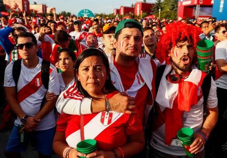 Soccer Football - World Cup - Group C - France vs Peru - Moscow, Russia - June 21, 2018 Peru fans react as they watch the match at Moscow Fan Fest. REUTERS/Gleb Garanich