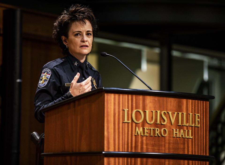 Chief Erika Shields made some brief comments after being sworn-in as the new LMPD police chief, saying "I believe in the people here and I believe in the community."