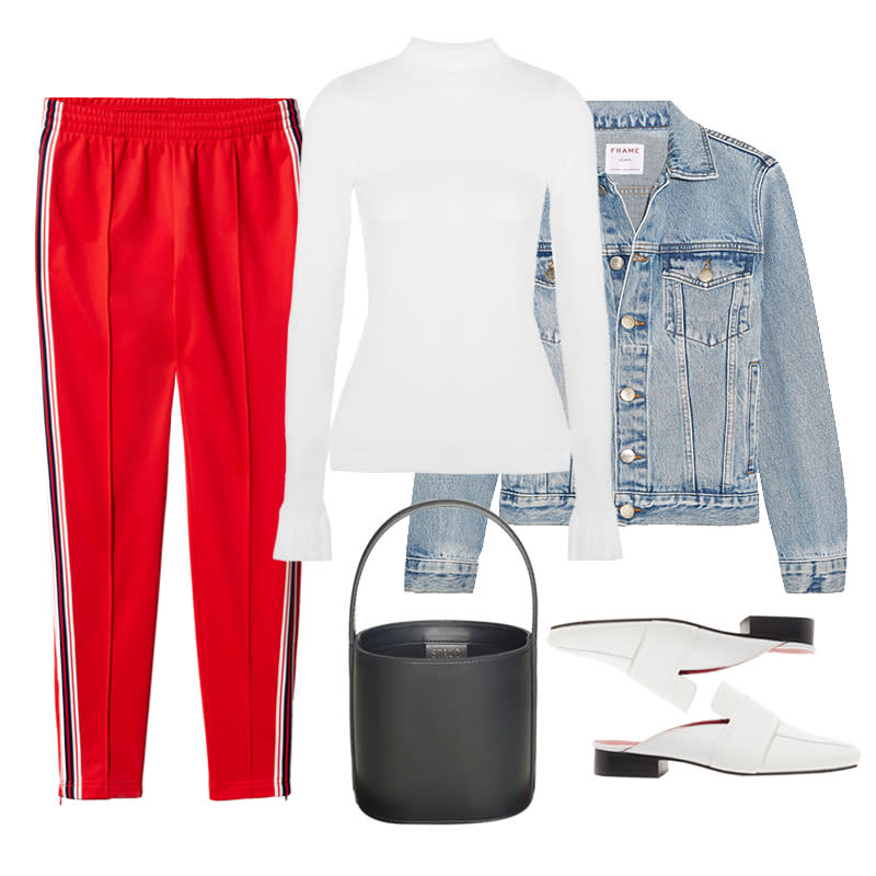 <a rel="nofollow noopener" href="http://rstyle.me/~9MTxK" target="_blank" data-ylk="slk:The Composed Ribbed-Knit Sweater, Maggie Marilyn, $180Yes, track pants can technically be considered gym attire, but when a denim jacket, frilled ribbed knit and structured extras are part of the equation, they look much more elevated.;elm:context_link;itc:0;sec:content-canvas" class="link ">The Composed Ribbed-Knit Sweater, Maggie Marilyn, $180<p>Yes, track pants can <em>technically</em> be considered gym attire, but when a denim jacket, frilled ribbed knit and structured extras are part of the equation, they look much more elevated.</p> </a><a rel="nofollow noopener" href="http://rstyle.me/~9MTxV" target="_blank" data-ylk="slk:Rigid Re-Release Denim Jacket, Frame, $345Yes, track pants can technically be considered gym attire, but when a denim jacket, frilled ribbed knit and structured extras are part of the equation, they look much more elevated.;elm:context_link;itc:0;sec:content-canvas" class="link ">Rigid Re-Release Denim Jacket, Frame, $345<p>Yes, track pants can <em>technically</em> be considered gym attire, but when a denim jacket, frilled ribbed knit and structured extras are part of the equation, they look much more elevated.</p> </a><a rel="nofollow noopener" href="http://us.aritzia.com/product/tushar-pant/61992.html?dwvar_61992_color=11343" target="_blank" data-ylk="slk:Tushar Pant, Tna, $75Yes, track pants can technically be considered gym attire, but when a denim jacket, frilled ribbed knit and structured extras are part of the equation, they look much more elevated.;elm:context_link;itc:0;sec:content-canvas" class="link ">Tushar Pant, Tna, $75<p>Yes, track pants can <em>technically</em> be considered gym attire, but when a denim jacket, frilled ribbed knit and structured extras are part of the equation, they look much more elevated.</p> </a><a rel="nofollow noopener" href="http://rstyle.me/~9MTyM" target="_blank" data-ylk="slk:Filiskiye Leather Slippers, Dorateymur, $455Yes, track pants can technically be considered gym attire, but when a denim jacket, frilled ribbed knit and structured extras are part of the equation, they look much more elevated.;elm:context_link;itc:0;sec:content-canvas" class="link ">Filiskiye Leather Slippers, Dorateymur, $455<p>Yes, track pants can <em>technically</em> be considered gym attire, but when a denim jacket, frilled ribbed knit and structured extras are part of the equation, they look much more elevated.</p> </a><a rel="nofollow noopener" href="https://staud.clothing/product/2152" target="_blank" data-ylk="slk:The Bissett Bag, Staud, $350Yes, track pants can technically be considered gym attire, but when a denim jacket, frilled ribbed knit and structured extras are part of the equation, they look much more elevated.;elm:context_link;itc:0;sec:content-canvas" class="link ">The Bissett Bag, Staud, $350<p>Yes, track pants can <em>technically</em> be considered gym attire, but when a denim jacket, frilled ribbed knit and structured extras are part of the equation, they look much more elevated.</p> </a><p> <strong>Related Articles</strong> <ul> <li><a rel="nofollow noopener" href="http://thezoereport.com/fashion/style-tips/box-of-style-ways-to-wear-cape-trend/?utm_source=yahoo&utm_medium=syndication" target="_blank" data-ylk="slk:The Key Styling Piece Your Wardrobe Needs;elm:context_link;itc:0;sec:content-canvas" class="link ">The Key Styling Piece Your Wardrobe Needs</a></li><li><a rel="nofollow noopener" href="http://thezoereport.com/beauty/skincare/supergoop-sunscreen-mousse/?utm_source=yahoo&utm_medium=syndication" target="_blank" data-ylk="slk:The One Product You Need To Never Get Sunburned Again;elm:context_link;itc:0;sec:content-canvas" class="link ">The One Product You Need To <i>Never</i> Get Sunburned Again</a></li><li><a rel="nofollow noopener" href="http://thezoereport.com/entertainment/culture/kendall-jenner-quick-ab-workout/?utm_source=yahoo&utm_medium=syndication" target="_blank" data-ylk="slk:The 11-Minute Kendall Jenner Workout You Can Do Anywhere;elm:context_link;itc:0;sec:content-canvas" class="link ">The 11-Minute Kendall Jenner Workout You Can Do Anywhere</a></li> </ul> </p>