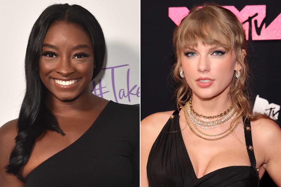 <p>Alberto E. Rodriguez/Getty Images; Kevin Mazur/Getty Images</p> Simone Biles (L) and Taylor Swift