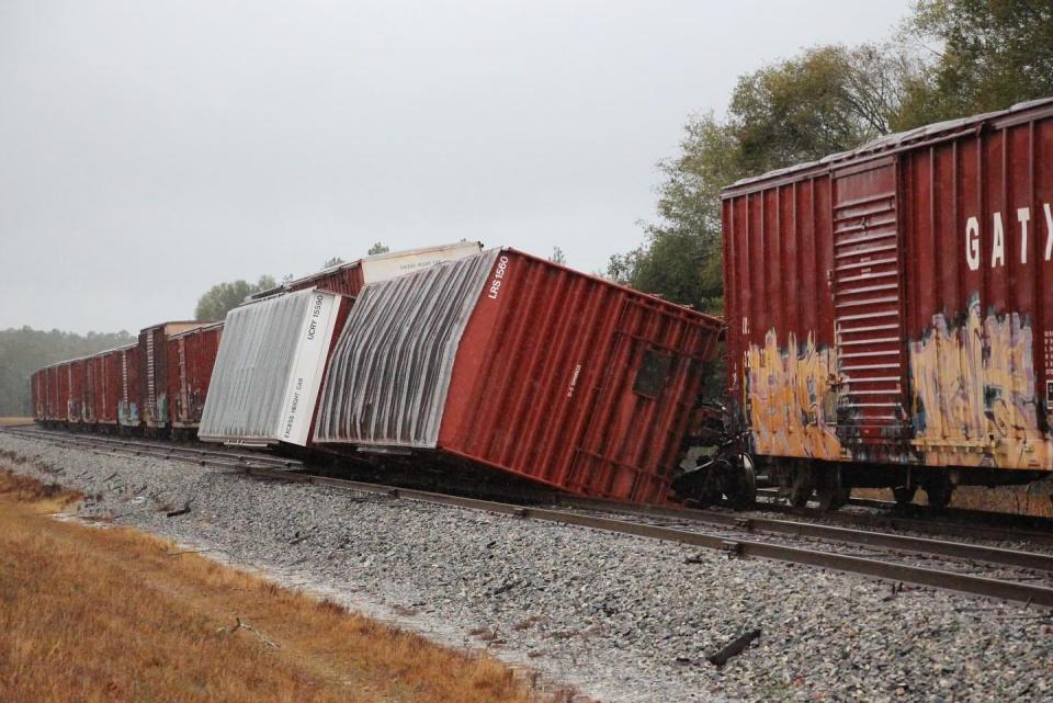 Box cars in Hilton, GA slid off tracks due to storm.