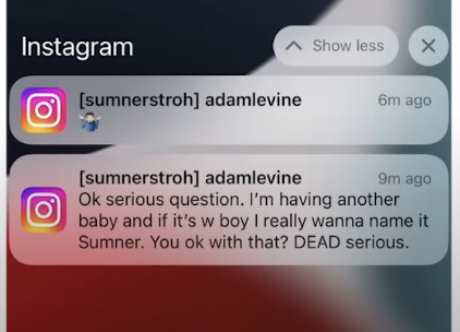 Adam's DM reads "OK, serious question, I'm having another baby and if it's a boy I really want to name it Sumner" and asks if she's OK with it