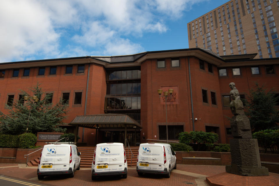 Cleaners at Birmingham Crown Court which has been closed this afternoon and given a deep clean after a staff member reported Covid-19 symptoms overnight. (Photo by Jacob King/PA Images via Getty Images)