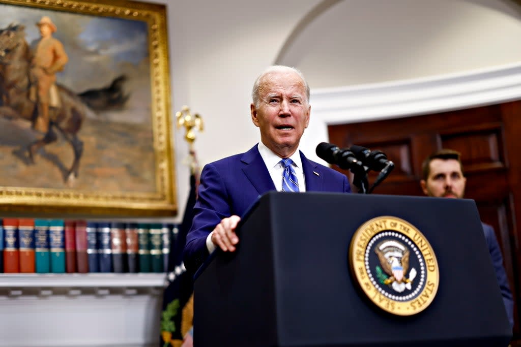 US President Joe Biden speaks in the Roosevelt Room of the White House in Washington, D.C., USA, 04 May 2022. (EPA)