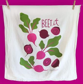 This Washington, D.C.-based Amazon Handmade shop specializes in food-themed kitchen towels. Find this <a href="https://amzn.to/3dKTQgU" target="_blank" rel="noopener noreferrer">Beet It kitchen flour sack towel</a> for $18.