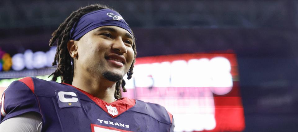 HOUSTON, TEXAS - JANUARY 13: C.J. Stroud #7 of the Houston Texans celebrates after defeating the Cleveland Browns in the AFC Wild Card Playoffs at NRG Stadium on January 13, 2024 in Houston, Texas. (Photo by Carmen Mandato/Getty Images) ORG XMIT: 776080223 ORIG FILE ID: 1931036836