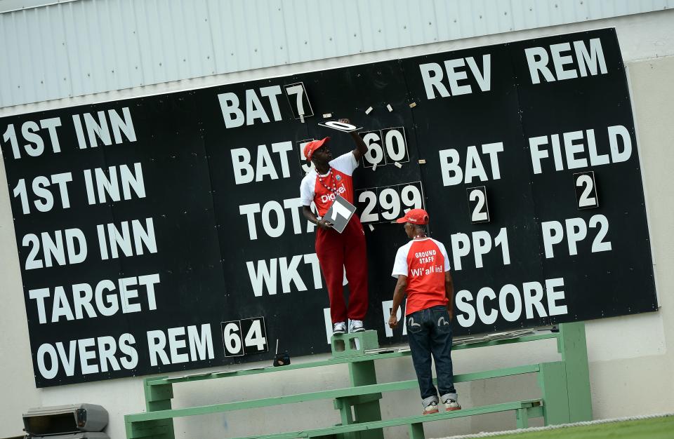 Scorekeepers adjust runs during the second day of the first-of-three Test matches between Australia and West Indies at the Kensington Oval stadium in Bridgetown on April 8, 2012. AFP PHOTO/Jewel Samad (Photo credit should read JEWEL SAMAD/AFP/Getty Images)