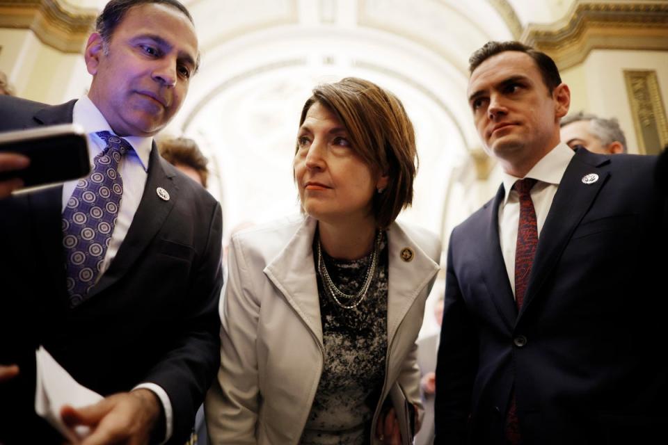 WASHINGTON, DC - MARCH 13: (L-R) Rep. Raja Krishnamoorthi (D-IL), House Energy and Commerce Committee Chair Cathy McMorris Rodgers (R-WA) and Rep. Mike Gallager (D-WI) talk with reporters after the House of Representative’s voted on legislation they co-sponsored to ban TikTok at the U.S. Capitol on March 13, 2024 in Washington, DC. The House of Representatives voted Wednesday to ban TikTok in the United States due to concerns over personal privacy and national security unless the Chinese-owned parent company ByteDance sells the popular video app within the next six months. (Photo by Chip Somodevilla/Getty Images) (Getty Images)