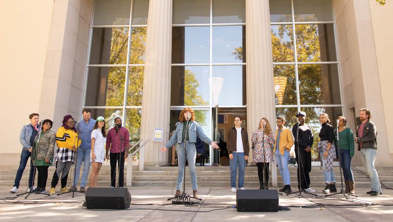 Caroline Innerbichler, center, and the cast of “Shucked,” which ran at the Pioneer Memorial Theatre in Salt Lake City through Nov. 12. “Shucked” will open on Broadway in the spring.