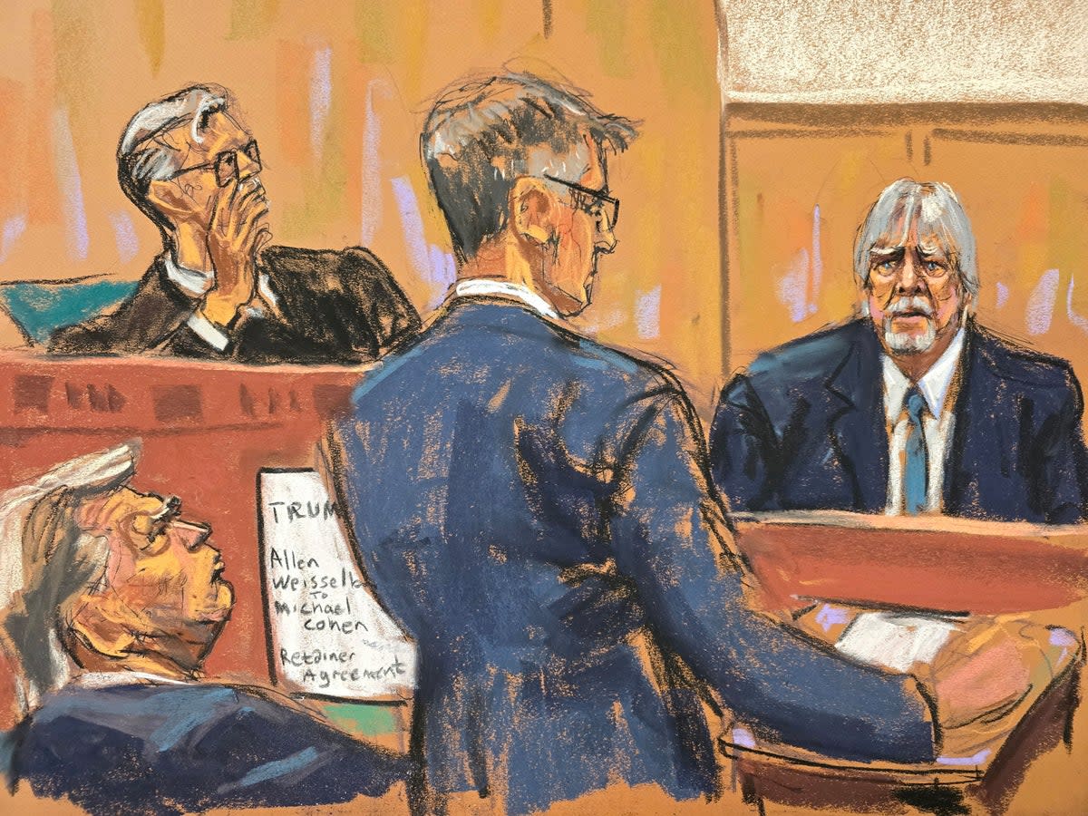 A courtroom sketch depicts former Trump Organization controller Jeffrey McConney testifying before Manhattan prosecutor Matthew Colangelo before Justice Juan Merchan during Donald Trump's criminal trial on 6 May. (REUTERS)