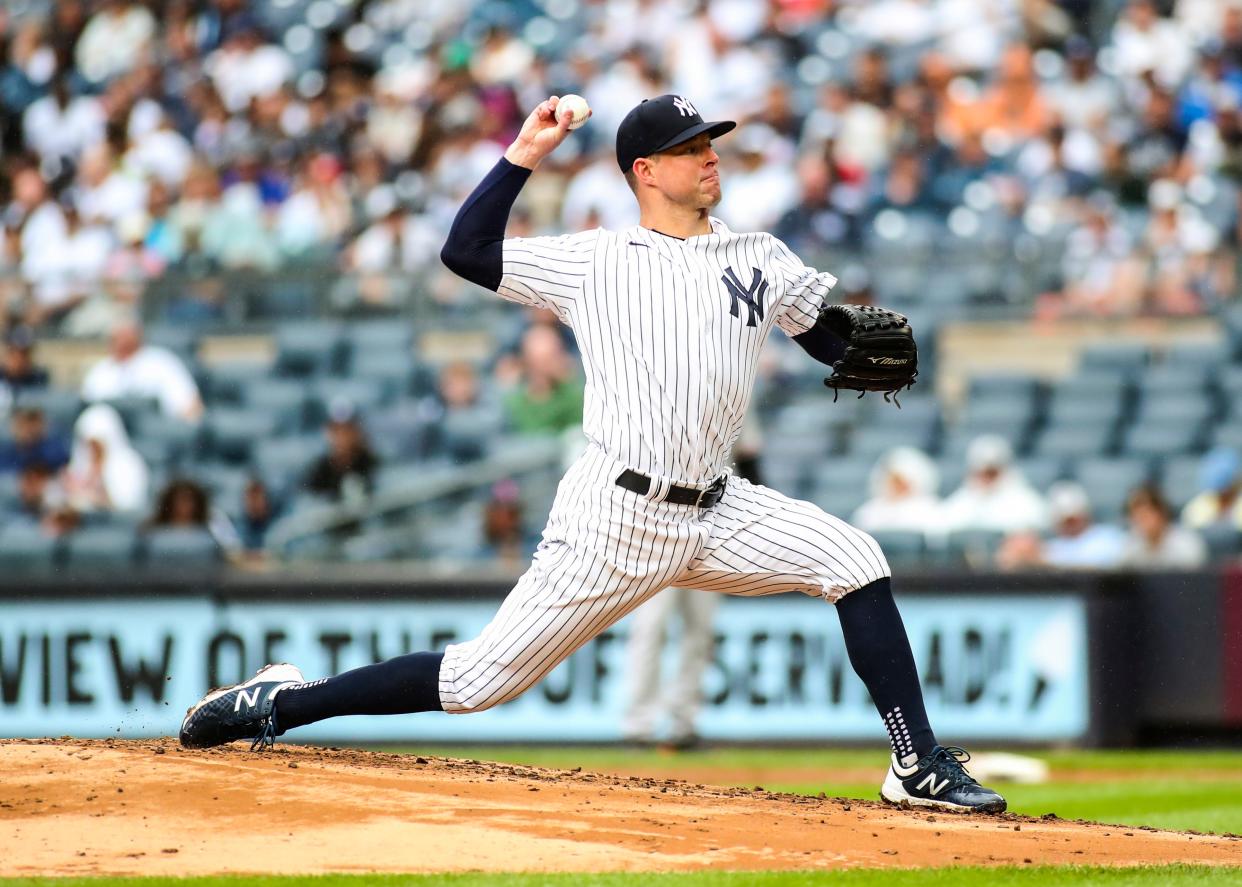 Sep 5, 2021; Bronx, New York, USA;  New York Yankees pitcher Corey Kluber (28) pitches in the second inning against the Baltimore Orioles at Yankee Stadium. Mandatory Credit: Wendell Cruz-USA TODAY Sports