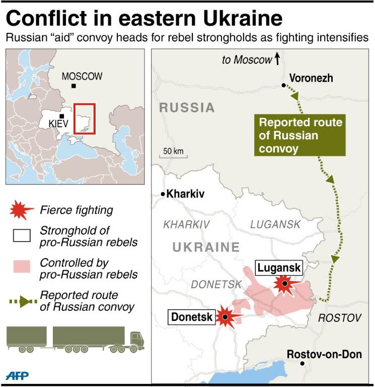 Map of eastern Ukraine and western Russia showing latest clashes and the presumed route of the Russian "aid" convoy