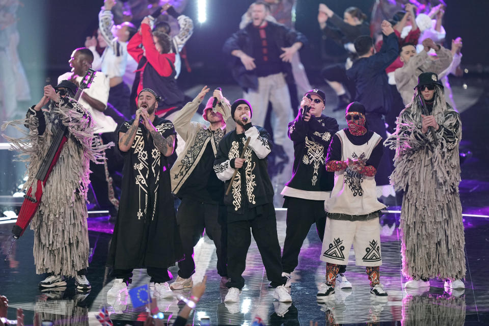 Kalush Orchestra of Ukraine performs during the Grand Final of the Eurovision Song Contest in Liverpool, England, Saturday, May 13, 2023. (AP Photo/Martin Meissner)