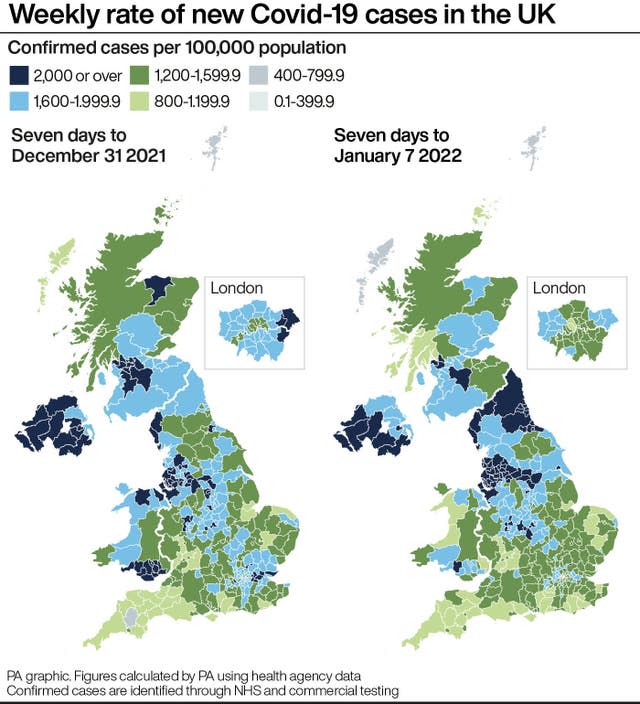 PA infographic showing weekly rate of new Covid-19 cases in the UK